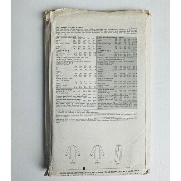 Vintage 80s Butterick Sewing Pattern 3382 Long Jacket Pants Sz 8 UNCUT *READ - Picture 2 of 3
